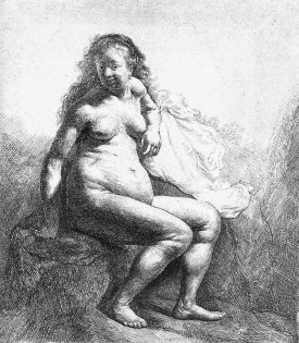 Mujer desnuda sentada en un montículo - Rembrandt