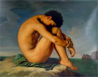 Desnudo masculino sentado al borde del mar - Flandrin