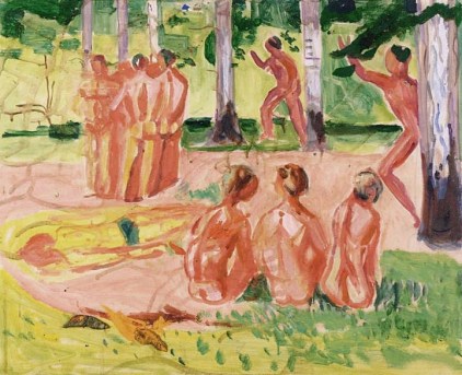 Hombres desnudos en un bosque de abedules